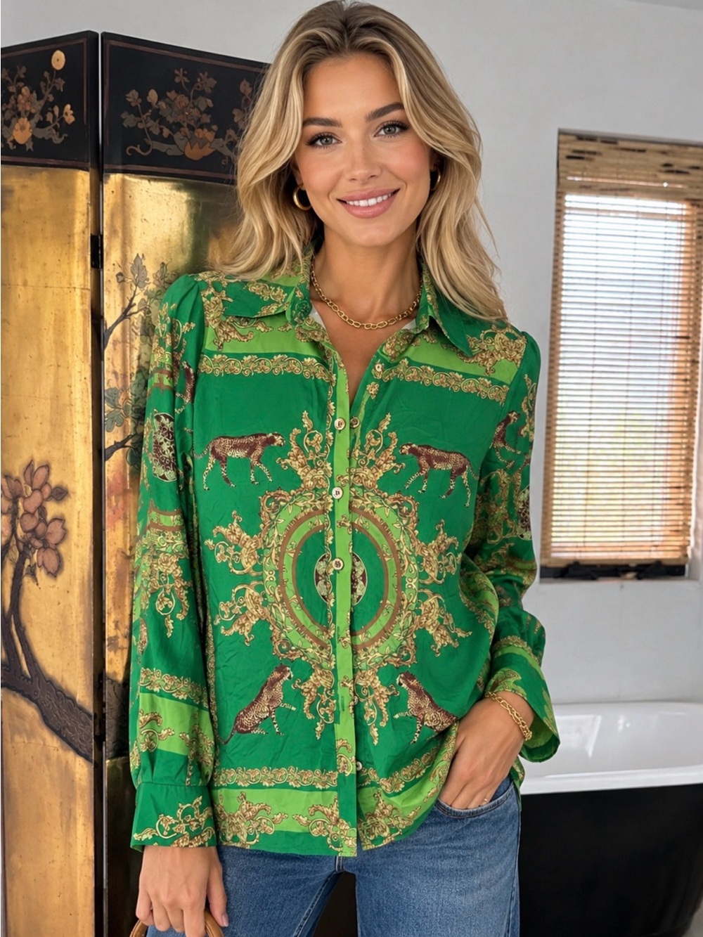 Nina Ricci Green Baroque Print Silk Blouse